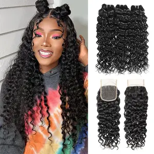Water Wave Bundles With Closure 4x4 Inch Human Hair Bundles With Closure Quick Weave Extensions for Women