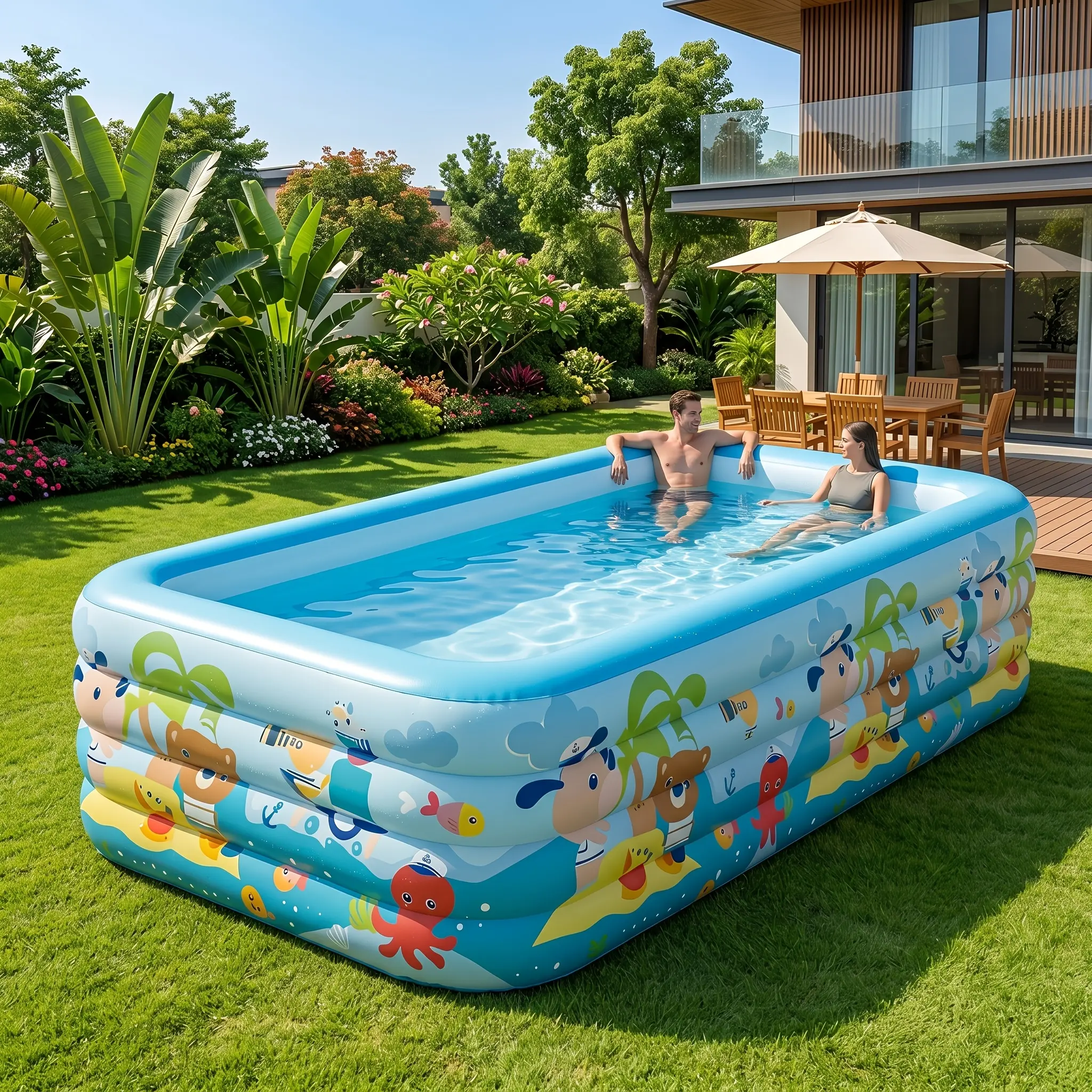S7326607714 168.5x72.8x26in Four-layer thickened large family inflatable swimming pool, thick PVC heavy-duty pool, foldable and portable inflatable pool, perfect for summer water parks, suitable for use on balconies, patios, gardens, and other settings.