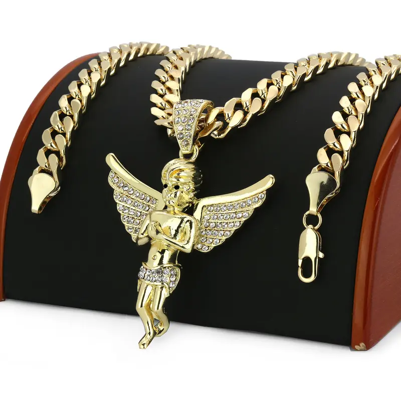 MaxBling81 Men's Sturdy Gold Plated Cuban Link Necklace - 10mm Alloy Chain, 80x70mm Large Baby Angel Pendant, 18in/20in/24in/30in Chunky Hip Hop Casual Men's Jewelry with Gold/Silver Plating