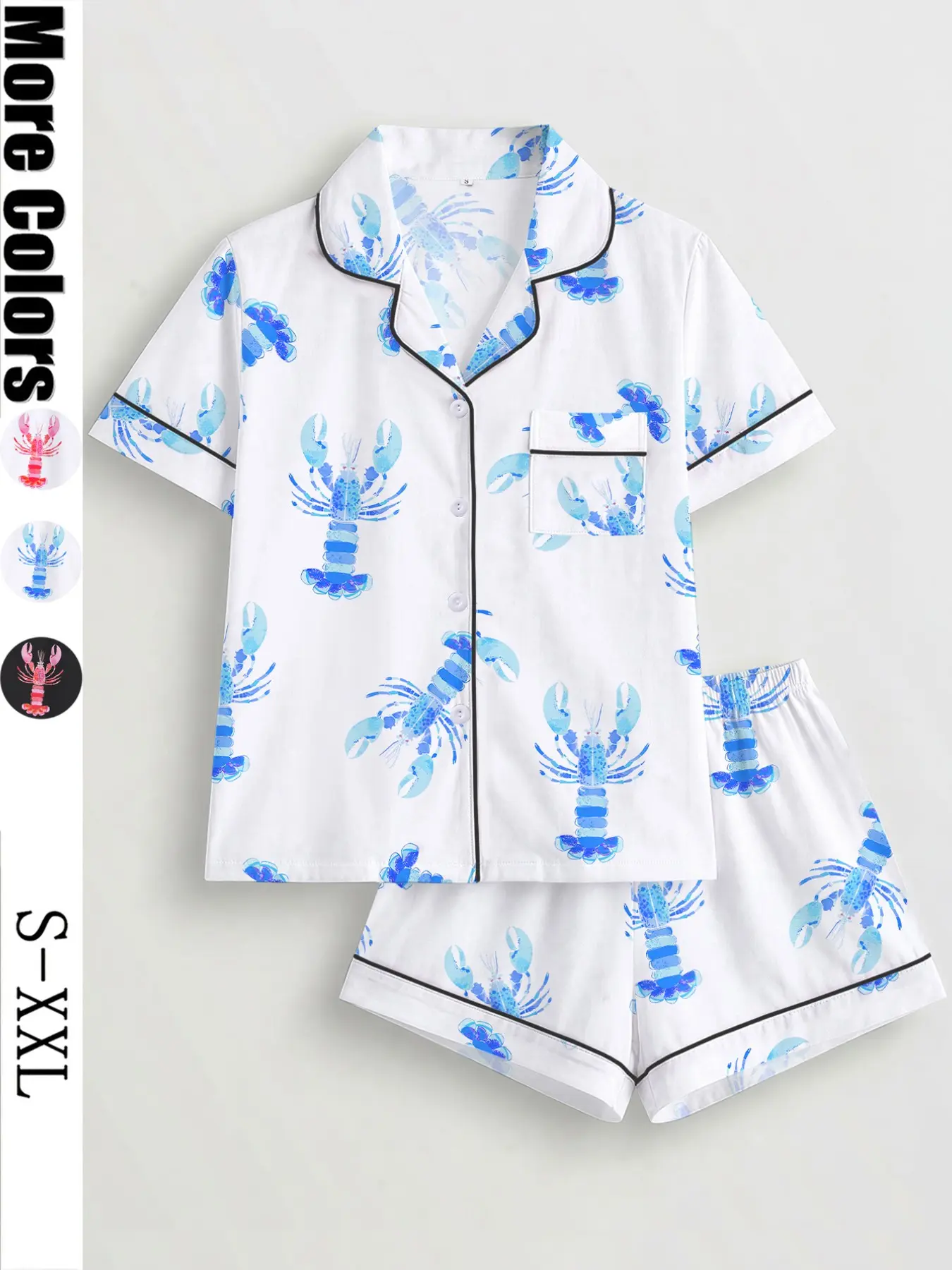 Women's Lobster Print Pajama Set, Short Sleeve Button-Up Shirt & Elastic Shorts, Casual Beach Vacation Sleepwear, Lightweight Nightwear, Loungewear Pajamas, Pjs, Pajamas Sets, All Seasons