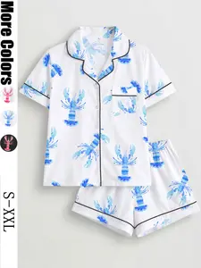 Women's Lobster Print Pajama Set, Short Sleeve Button-Up Shirt & Elastic Shorts, Casual Beach Vacation Sleepwear, Loungewear, Pjs, All Seasons