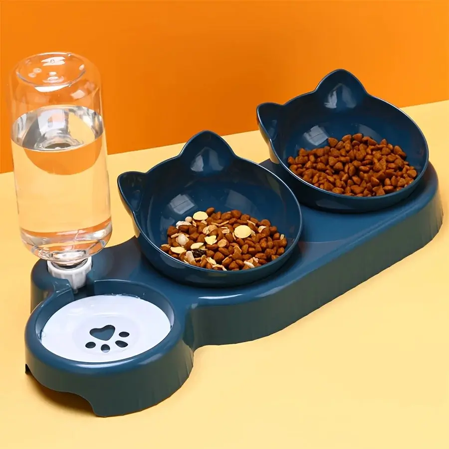 3-in-1 Gravity Pet Feeder with Water Dispenser, Tilted Cat Bowls Set, Automatic Water Refill Feeding Station for Cats & Small Dogs