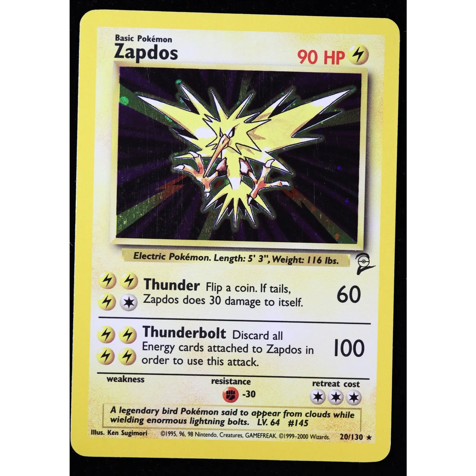Pokémon Zapdos 20/130 Holo Rare Base Set 2 WOTC 2000 Lightly Played