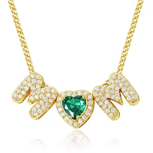 Heart Birthstone Necklace 18K Gold Plated Bubble Pendant with Cubic Zirconia 45+5cm Adjustable Chain for Mom Wife on Mother's Day Birthday