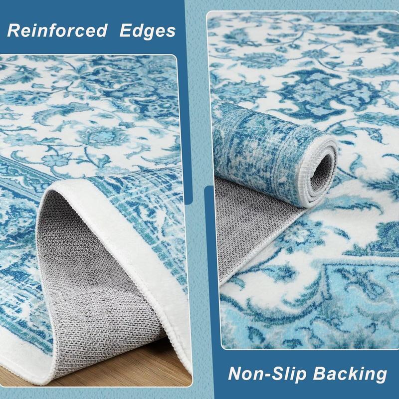 Non-Slip Washable Faux Wool Vintage Boho Rug, Retro Distressed Medallion Carpet 5x7 6x9 ft, Red/Blue Low Pile Soft Mat for Entryway Kitchen Traditional Interiors