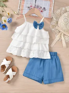 Two-piece Set Outfits Toddler Girl's Bow Decor Top & Shorts, Cute Casual Top & Shorts for Daily Wear, Kids Summer Clothes, Baby Clothing, Newborn Gift Set