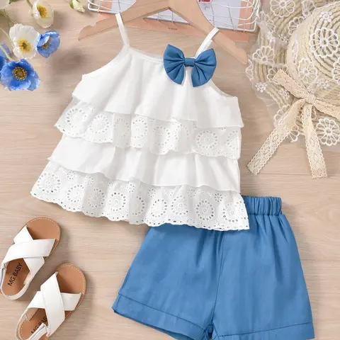Two-Piece Set Toddler Girl's Bow Decor Top & Shorts, Cute Casual Top & Shorts for Daily Wear, Kids Summer Clothes, Outfits