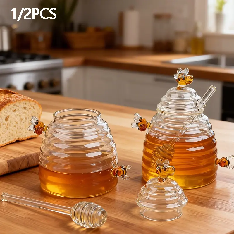 1/2 pcs 480ml/16.23oz High Borosilicate Glass Honeycomb Jars, With Lid And Stir Bar, Transparent Honey Storage Containers, Suitable For Home, Weddings, Parties, And Kitchen Use.