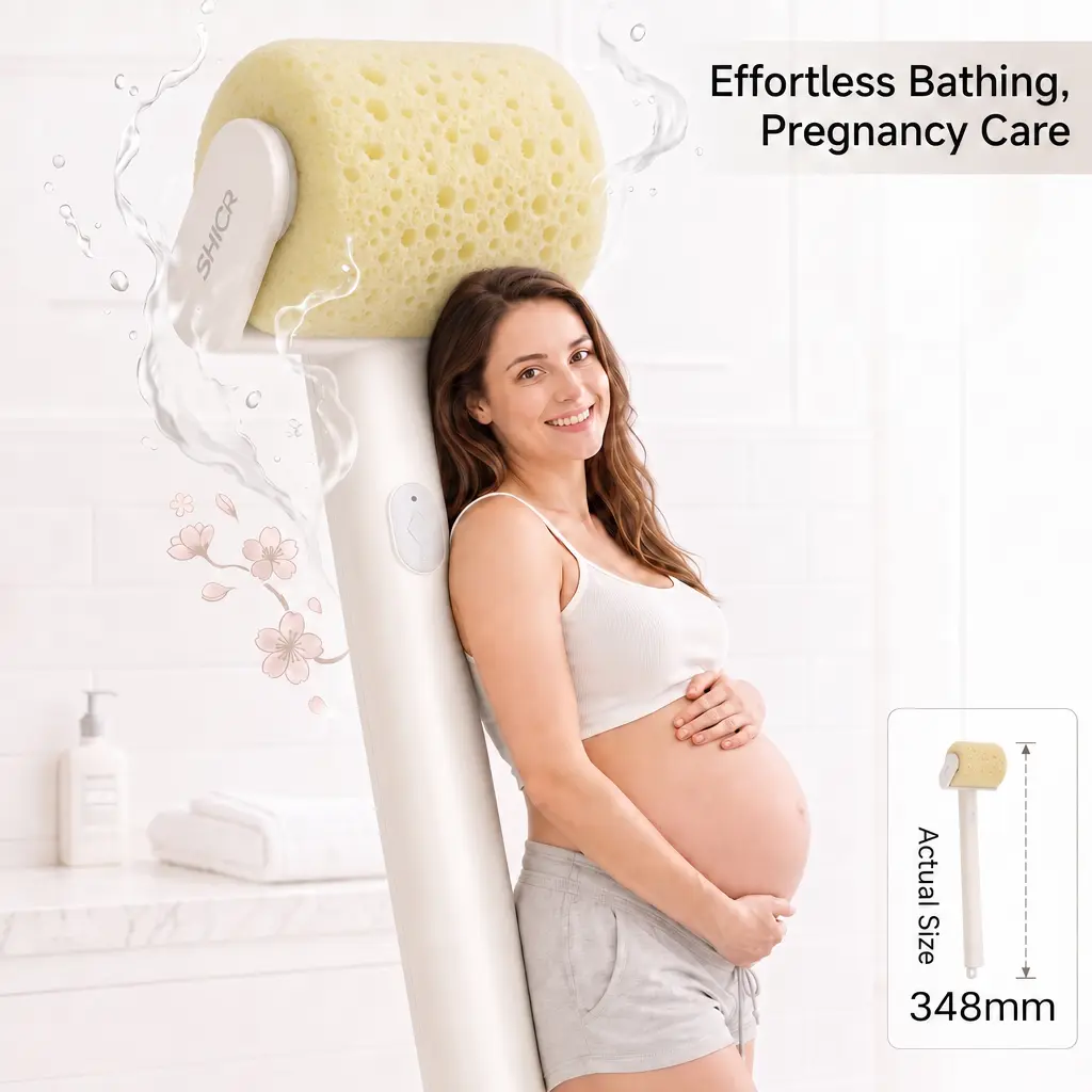 SHICR 3D Smart Electric Long-Handled Automatic Body Bath Brush with Honeycomb Sponge & Lotion Applicator - For Expectant Mothers, Back Acne Removal, Rough Skin Smoothing