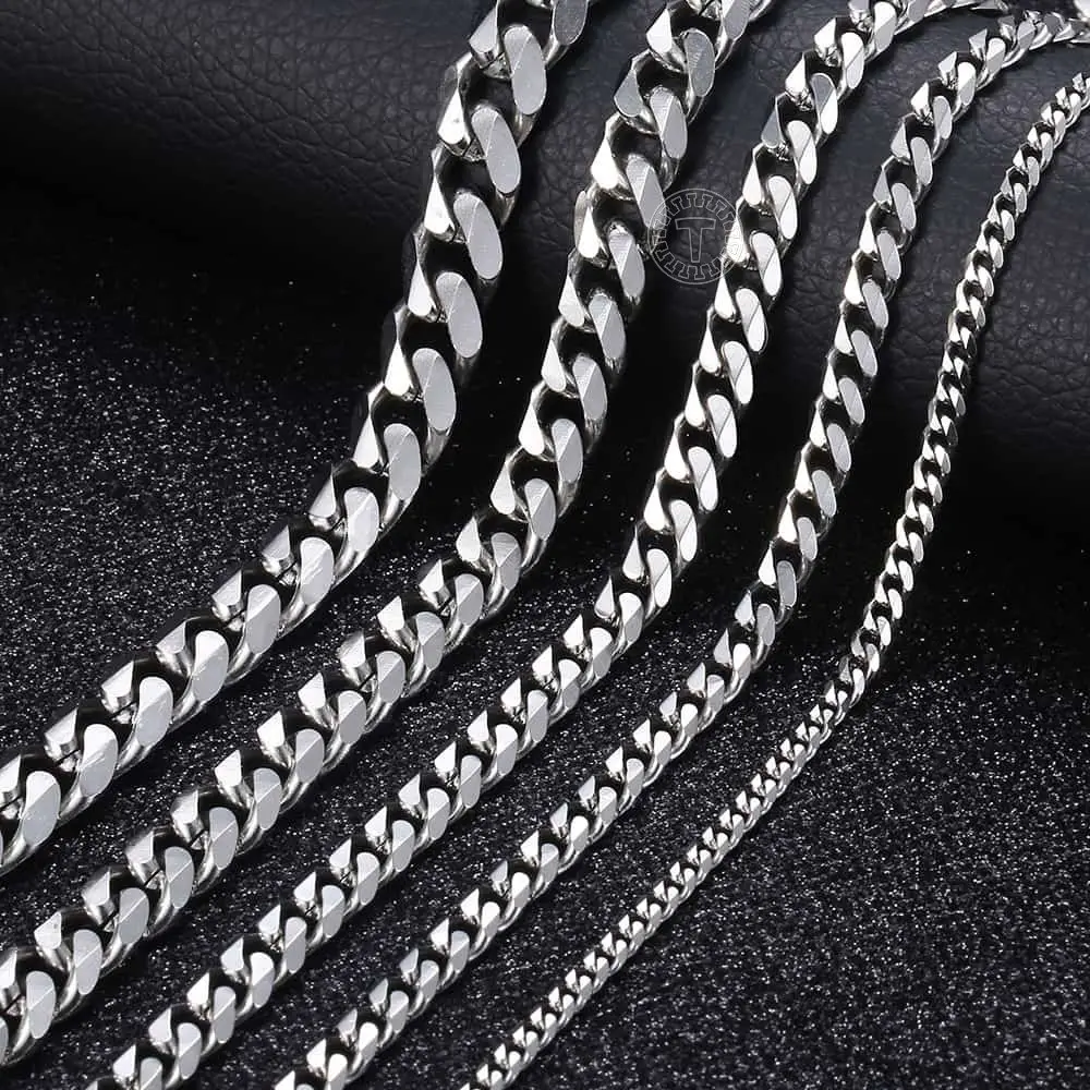 3/5/7/9/11mm Men's Silver Color Necklace Stainless Steel Cuban Link Chain For Mens Womens Basic Chokers 18-30inch Valentine Birthday Gift