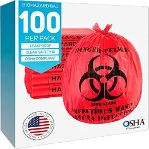 Trashanium Biohazard Waste Bags, 10-Gallon, 100 Count, Red, No Leak Bags, Medical Grade, Safe Infectious Waste Disposal