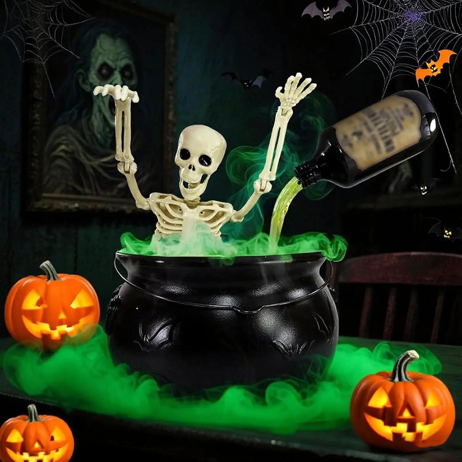 Floating Potion Bottle Witch Cauldron Halloween Indoor Decor, Levitating Magic Brew Cauldron, LED Green Glow Halloween Table Centerpiece, Vintage Spooky Ornament For Mantel Kitchen, Halloween Party Haunted House Decor