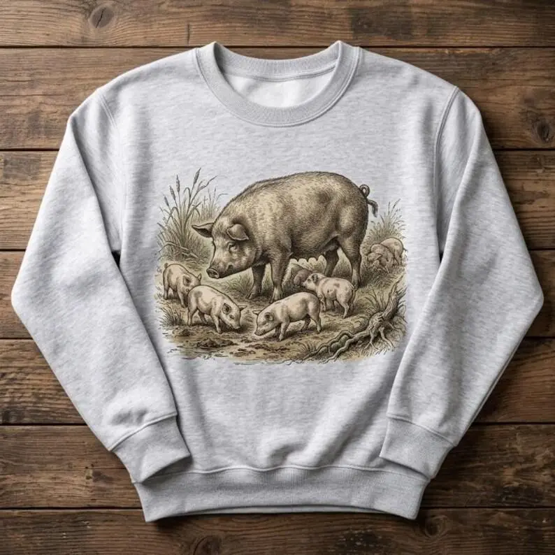 Pig Family Vintage Shirt Unisex Tee Sweatshirt Hoodie Cute Farm Animal Retro Nature Sketch Art Graphic Clothing Cottagecore Gift For Her