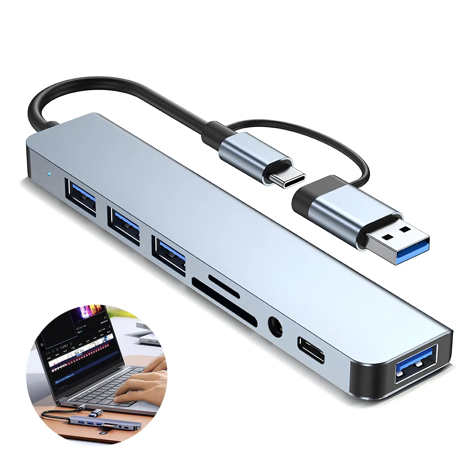 8-in-1 USB C Hub Aluminum USB 3.0 for MacBook PC iPad | 8-in-1 hub: 2x USB 3.0 + 3x USB 2.0 + 2x USB-C + Audio Jack, 5Gbps transfer, Plug and play, Aluminum casing, For MacBook/PC/iPad/Xbox/PS4