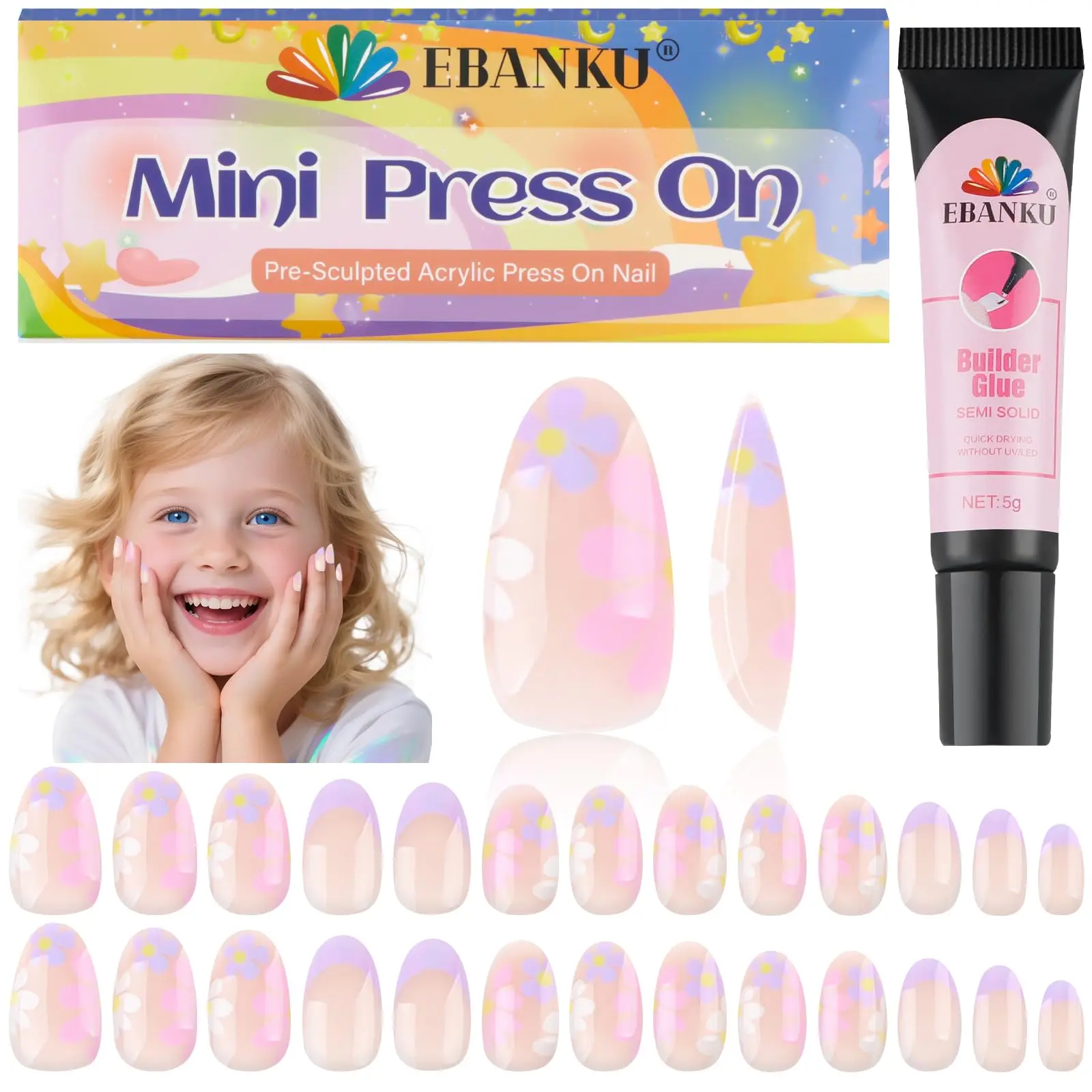 EBANKU 26 Pieces Press on Nails for Kids, Almond Full Cover Acrylic Nail Tip Kit with Nail Glue Children Short Artificial False Nail Kits for Girls