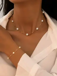 Faux Pearl Decorated Necklace & Bracelet, Fashion Jewelry for Party, Daily Clothing Decor, Trendy All-match & Exquisite Jewelry for Birthday Gift