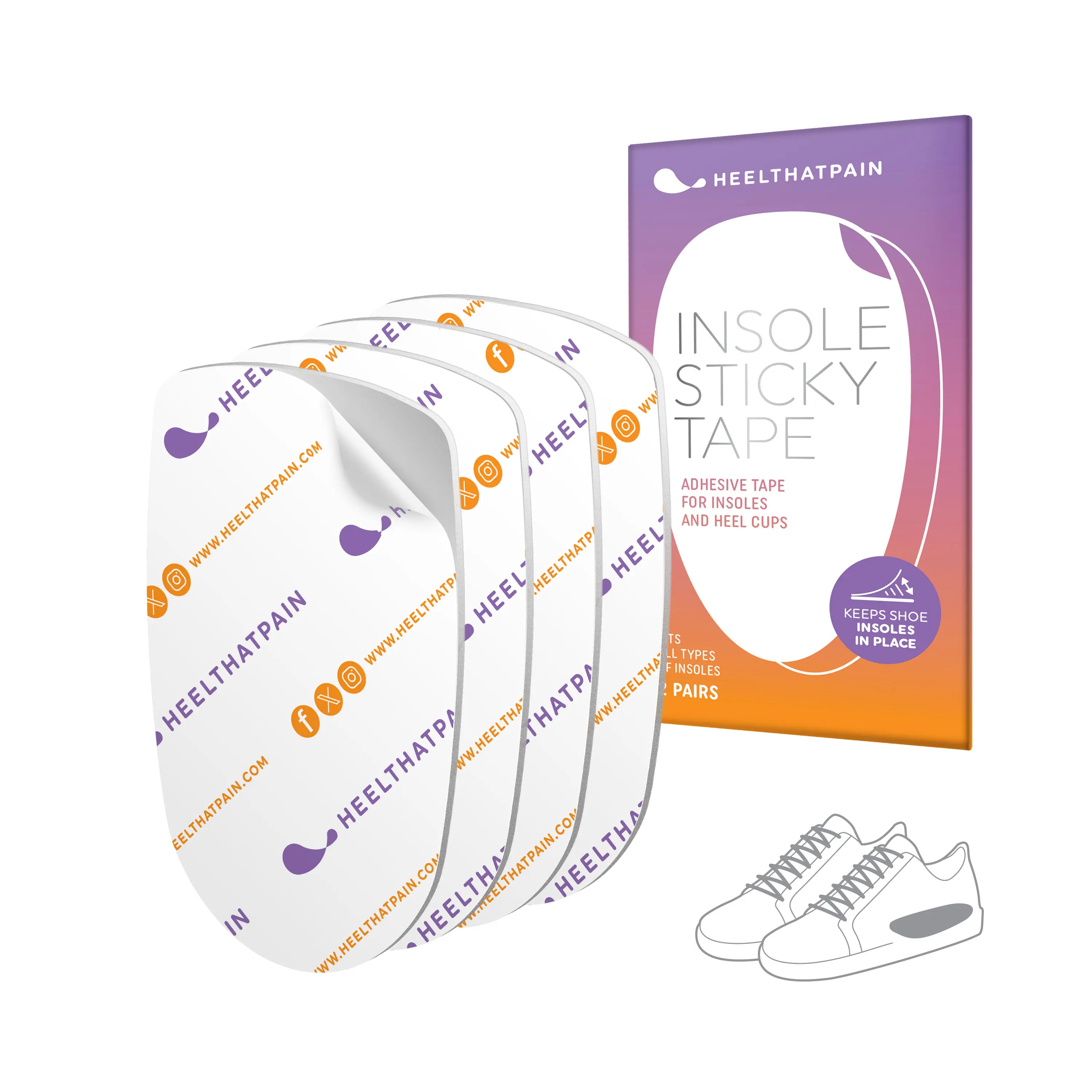 Heel That Pain Insole Sticky Tape - Industrial Grade Double Sided Adhesive to Hold Any Shoe Inserts in Place - TWO PAIRS Enhanced Comfort For Footwear Orthotics