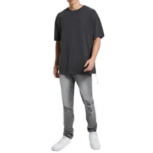 Ksubi Chitch Prodigy Trashed Denim Mid Rise Slim Fit Jean with Smokey Grey Wash Knee Trashing 4x4 Embroidery 99% Cotton 1% Elastane Below The Ankle