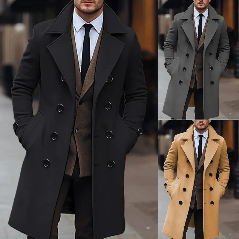Men's Wool Blend Overcoat, Double Breasted Long Sleeve Winter Pea Coat with Notch Lapel and Button Front, Jackets, Menswear, Tops