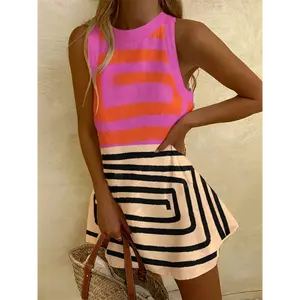 Women'S Colorful Striped Sleeveless Tank Dress - Vacation Style, Crew Neck, A-Line Silhouette, Lightweight Polyester, Perfect for Spring/Summer, Summer Outfit | Vibrant Striped Pattern | Sleeveless Design,Ladies Tank Dres Casual Fabric Womenswear Crewneck