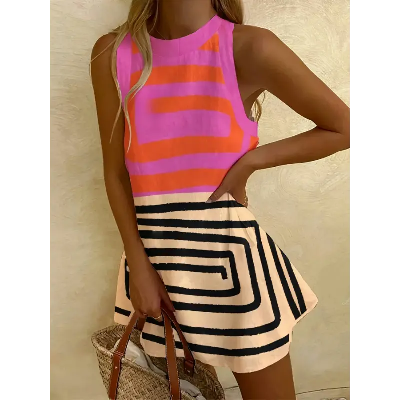 a line tank top dress Printed A-Line Tank Dress with Lace Waist Detail – Charming Charlie main image 0