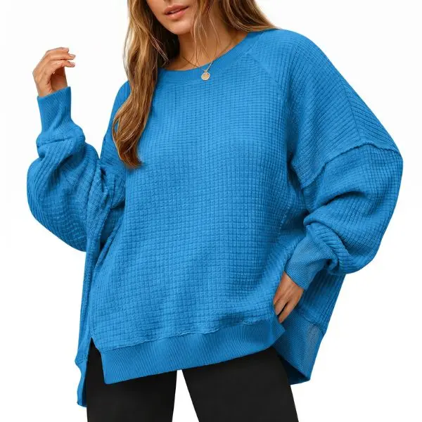 Fisoew Sports  2026 Summer Spring Women's Fall Oversized Sweatshirt Casual Waffle Knit Long Sleeve Crewneck Split Pullover Tunic Tops, Matching,back to school,back to school shopping