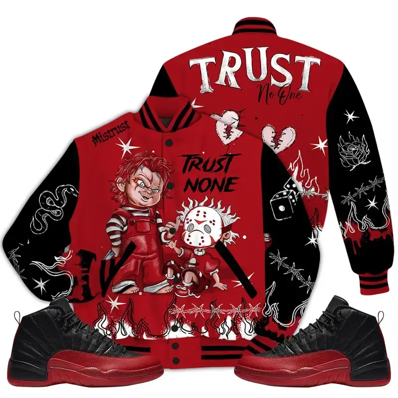 12 Retro Flu Game Varsity Jacket, Flu Game 12s Shirt, Trust None Graffiti Couples Matching Outfits Streetwear Sneaker Shirt Fabric Womenswear