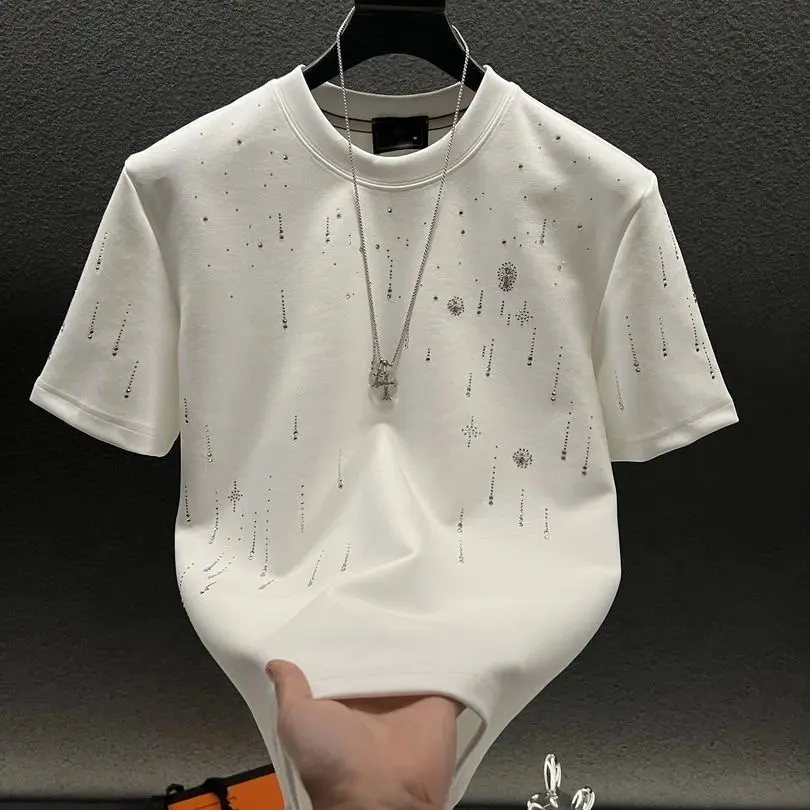2025 Summer Luxury Men's Short Sleeve T-Shirt High-end Design Custom Meteor Heavy Industry Full Diamond Half Sleeve Crew Neck Pure Cotton T