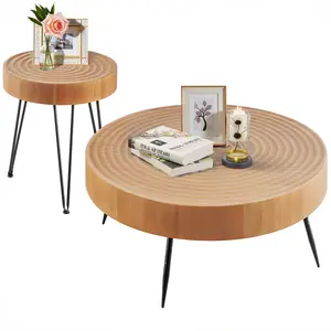 【Summervibes】VEVOR 2 Pieces Round Coffee Tables Sets, 31.3 in Industrial Living Room Table with 1 End Side Table, Easy Assembly Coffee and End Tables Sets with Metal Legs, for Office, Living Room and Apartment