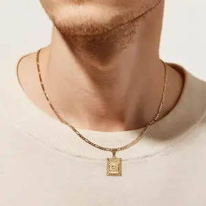 14K Gold Plated Initial Letter Necklace | Square Monogram Figaro Chain | Personalized Jewelry for Men & Women
