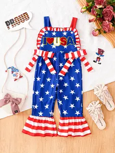 Patriotic Jumpsuit for Toddler Girl - 4th of July American Flag Fireworks Outfit, Wide Leg Romper Summer Clothes