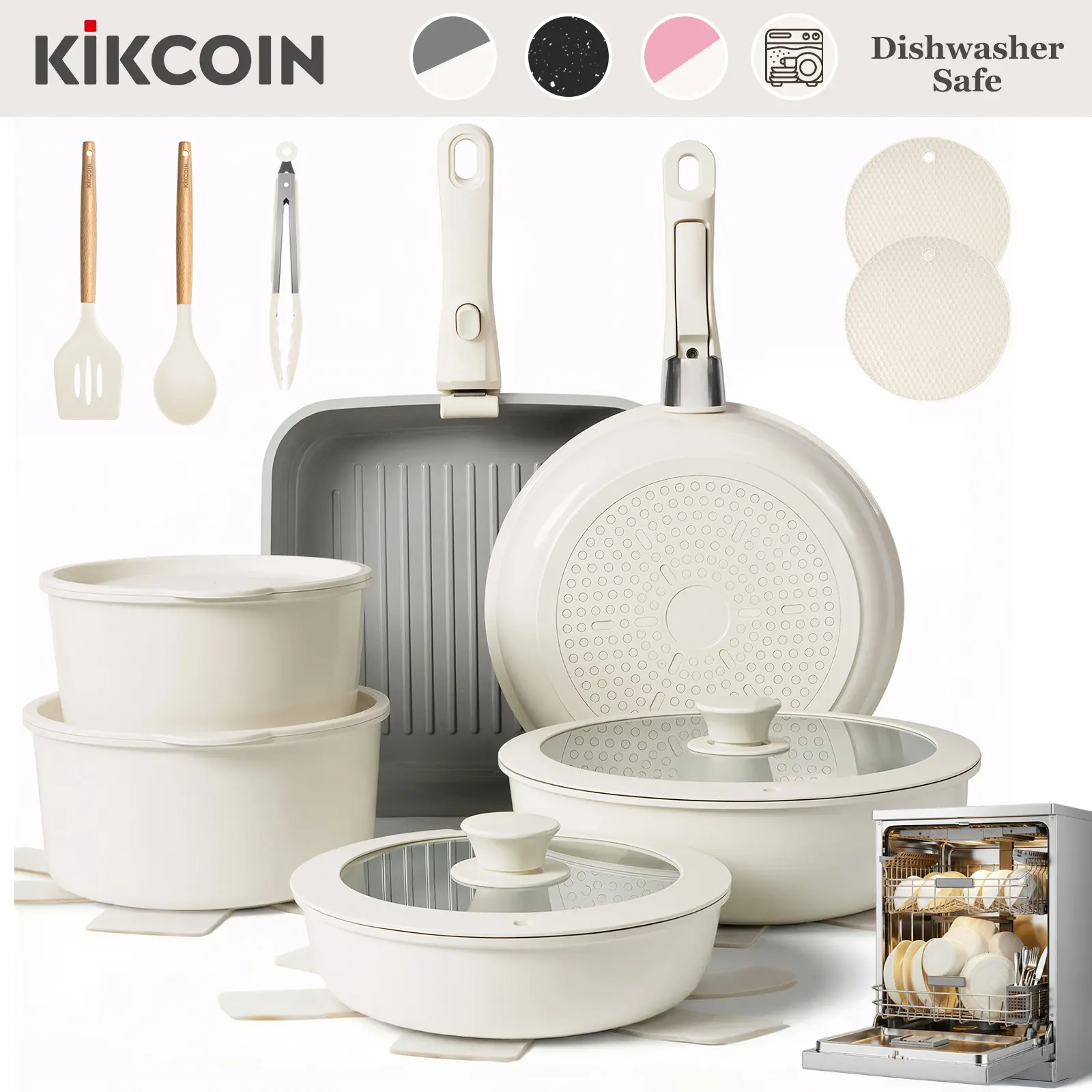 [SGS Certified]Kikcoin Ceramic Pro Non-Stick complete pots and pans set 22pcs Non-Toxic PFOAFree,Dutch oven,Cookware Set with Lids Detachable Handle,RV cook,Multifunctional,Healthy,milk pan,Roast Chicken Outdoor,,Easy Care,Kitchen,Mother’s Day gift tikt