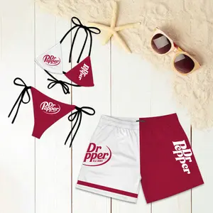 Dr Pepper Matching Couple Swimwear Set, Retro Drink Graphic Bikini with Swim Trunks Outfit, Cool Gift for Beach Lovers