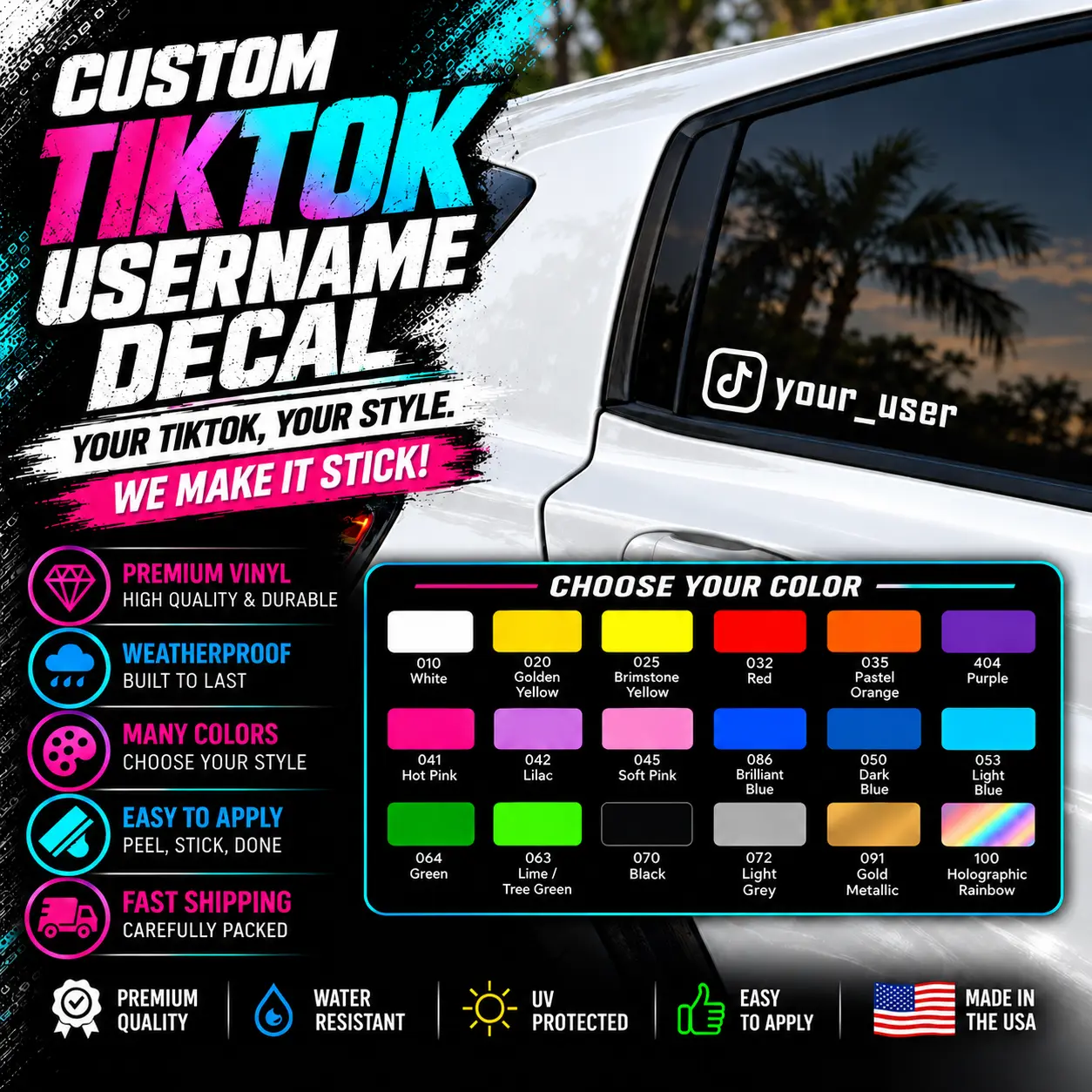 Custom TkTok Username Decal - Premium Vinyl, Weatherproof, Easy to Apply, Choose Your Color