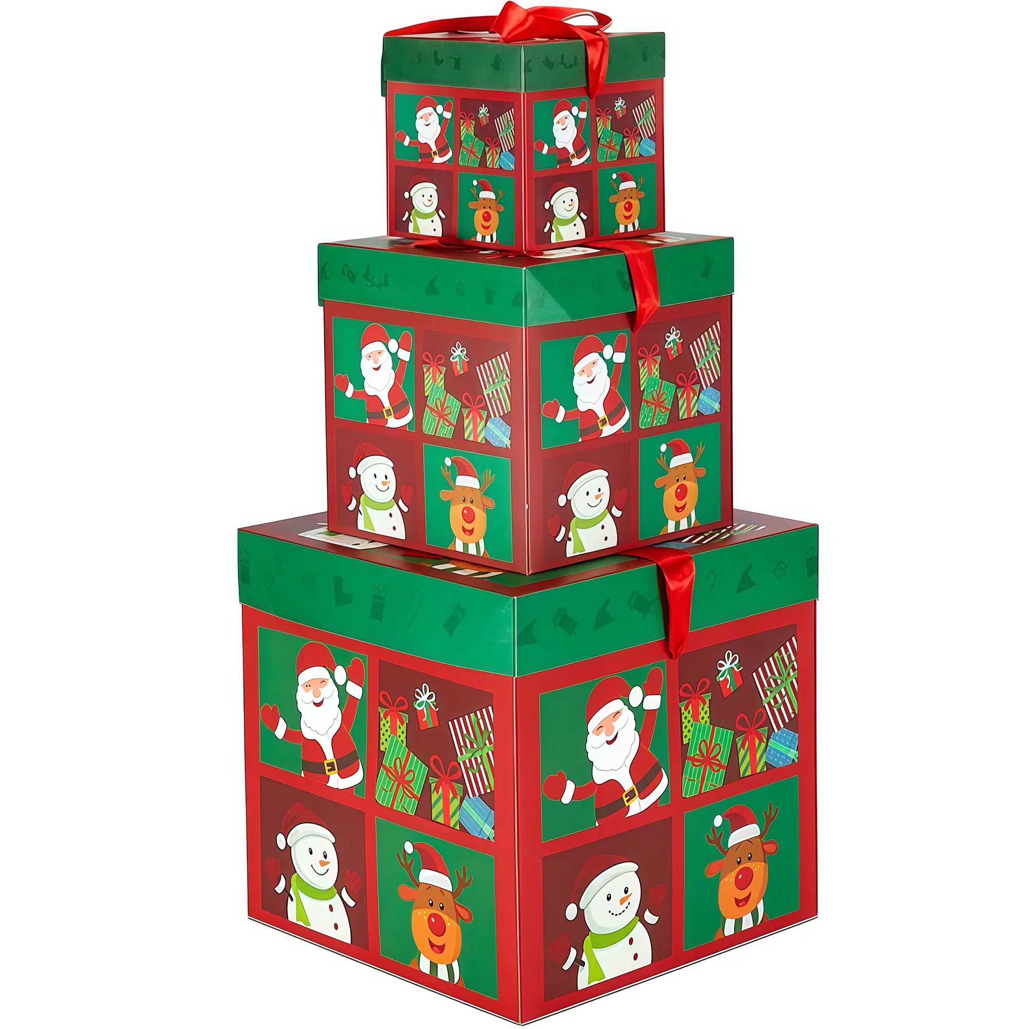 DECEAUTIFY 3-Pcs Thick Stackable Christmas Gift Boxes with Stackable Storage Bins Function, 3 Sizes Nesting Present Boxes for Gifting, Santa Reindeer Themed Holiday Decor