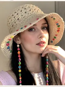 Women's Colorful Beaded Decor Wide Brim Straw Hat, Boho Style Hollow Out Design Sun Hat for Women & Girls, Fashionable Foldable Straw Hat for Outdoor Activities