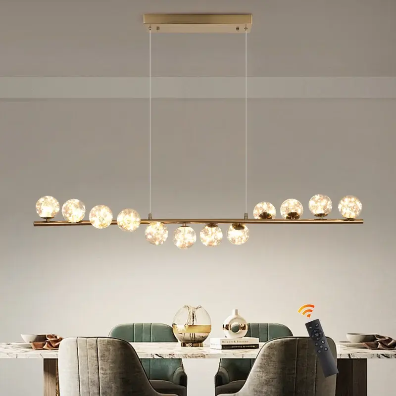 Garwarm Modern Dimmable Gold Crystal LED Linear Chandelier - Adjustable Height Globe Shapes Glass Ceiling Pendant, Luxury Hanging Light with Remote Dimming, Timer & 12 LED Bulbs for Kitchen Island Indoor Use, 12 Bulb Setup