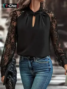 Women's Solid Color Elegant Casual Commuter Loose V Neck Shirt Blouse with Frilly Lace and Cap Sleeves, Stylish Floral Design for Daily Wear