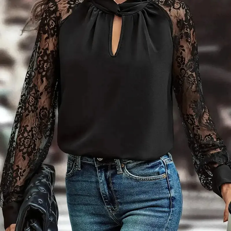 Women's Solid Color Elegant Casual Commuter Loose V Neck Shirt Blouse with Frilly Lace and Cap Sleeves, Stylish Floral Design for Daily Wear