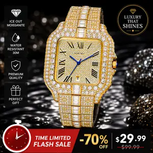 Luxury Ice Out Moissanite Quartz Watch - 42mm Square Dial, Waterproof Unisex Diamond-Look Timepiece for Business, Daily Wear & Valentine’s Day Gifts