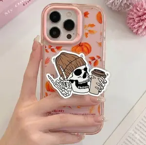 Fall Skeleton Phone Grip | Cute Autumn Skull with Beanie Hat & Coffee PopSocket | Spooky Season MagSafe Phone Holder