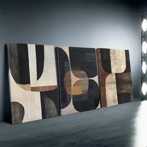 3-piece canvas set, modern living space decorative frames, beige gravel-style wooden edges, black and white abstract art, brown minimalist art, neutral textures, wall decoration for bars, homes, and dormitories, cafes, living rooms
