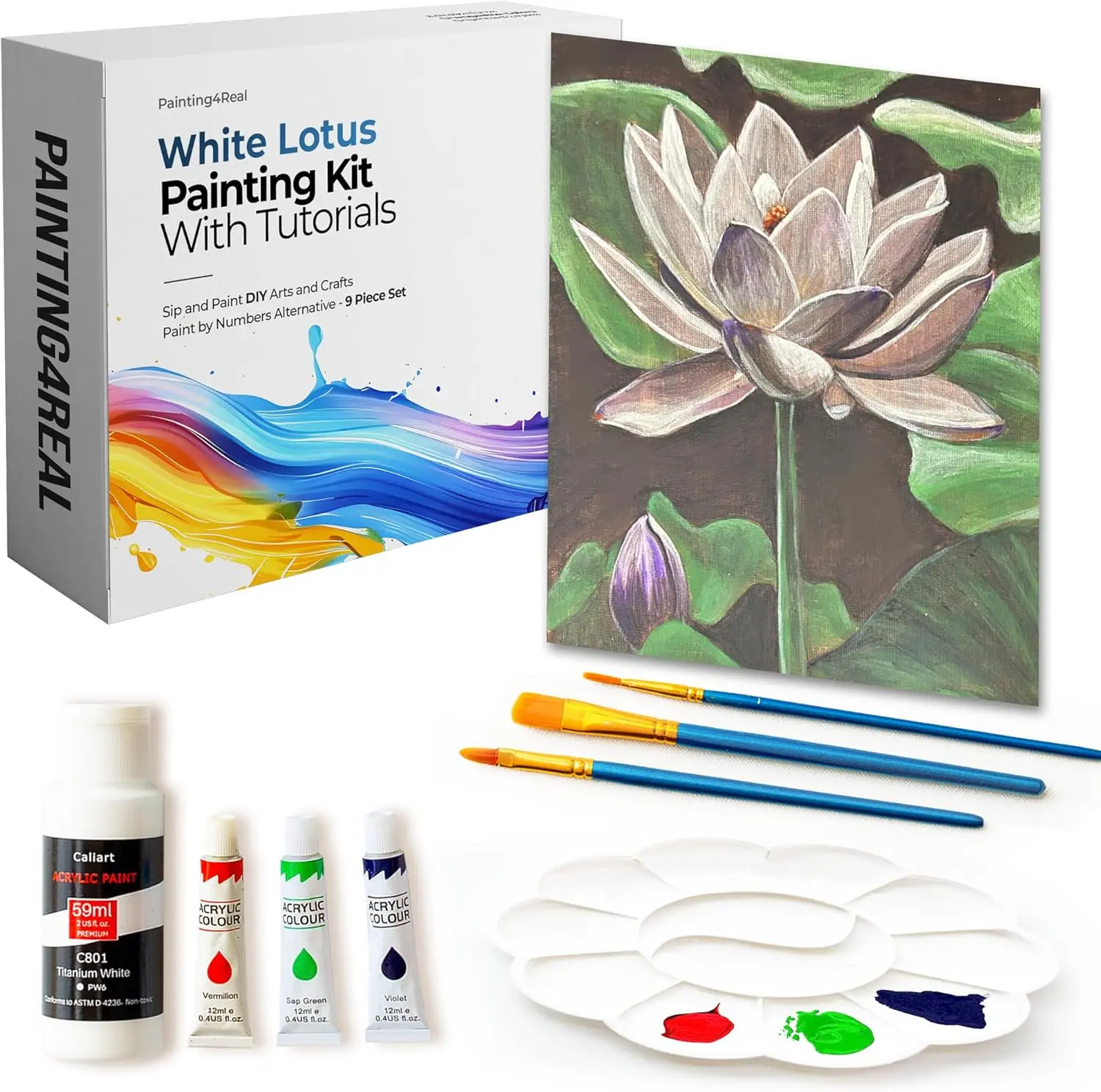 DIY White Lotus Acrylic Painting Kit with Video Tutorials - 9pc Art Set for Adults and Beginners