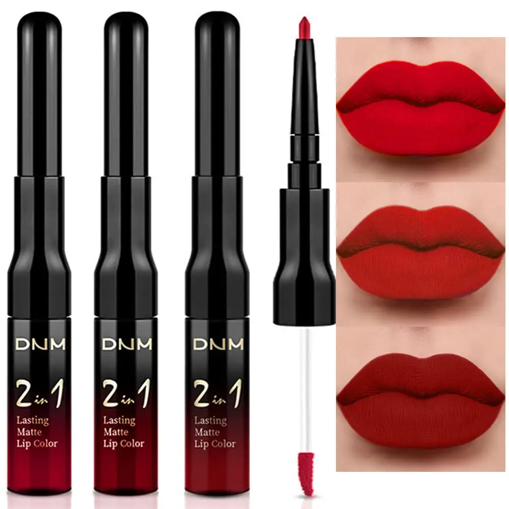 evpct 3Pcs Black Red Matte Lip Liner Pencil and Liquid Lipstick Sets for Women Long Lasting Lipstick 24 Hour Waterproof Dark red Purple Rose pink Lip Stick/Gloss Set labiales mate 24 horas originales