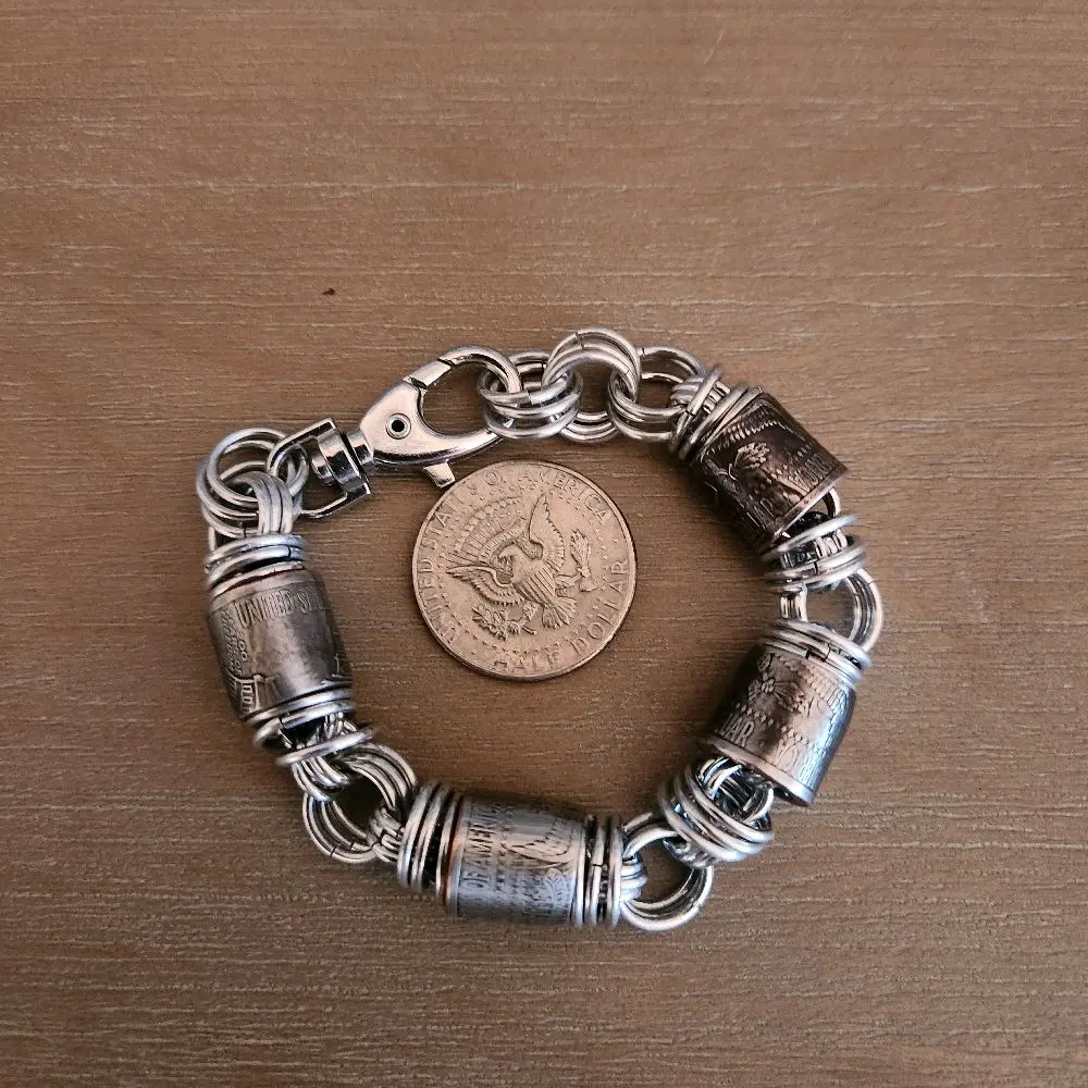 Custom United States Half Dollar Coin and High Polished Steel Ring Chain Bracelet with Silver-Tone Design