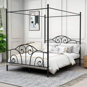 Four-Poster Metal Canopy Bed Frame With Headboard And Footboard Sturdy Slatted Structure No Box Spring Needed Queen Size Floor Guardrail