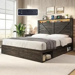 【Ships in 2 Boxes】AMERLIFE Farmhouse Bed Frame with 4 Drawers & 4 Open Storage Space, Queen Size Storage Bed with LED Light & Charging Station, Wooden Slats, Noise Free