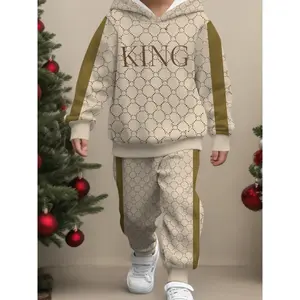 2pcs Boys' Set: Features Digital Prints Themed with the English Letter "KING". This Long-sleeve Hooded Sweatshirt and Sweatpants Set, Made of Comfortable Fabric, Is an Ideal Clothing Gift for Kids and Perfect for Outdoor Use., Perfect for Outdoor