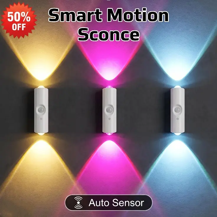 Rechargeable Motion Sensor Wall Lamp - Plastic Battery-Operated Dimmable Wall Spotlights, 7 Color Options, Ambient LED Mood Lights, Suitable for Cabinets, Stairs, Courtyards, Everyday Use, Battery Operated Rechargeable Wall Spotlights