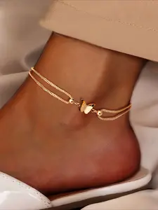 Single Pack, Women's Fashion Trendy Jewelry Ankle Chain with Double Layer Butterfly Decoration, Classic Stylish Design in Golden and Silvery, Hypoallergenic Stainless Steel, Suitable for Daily Shopping or Parties